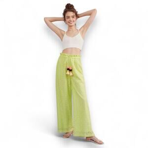 Ollari Anthropologie Women's Lacey Wide-Leg Pants Size L Lime Green Boho Tassel